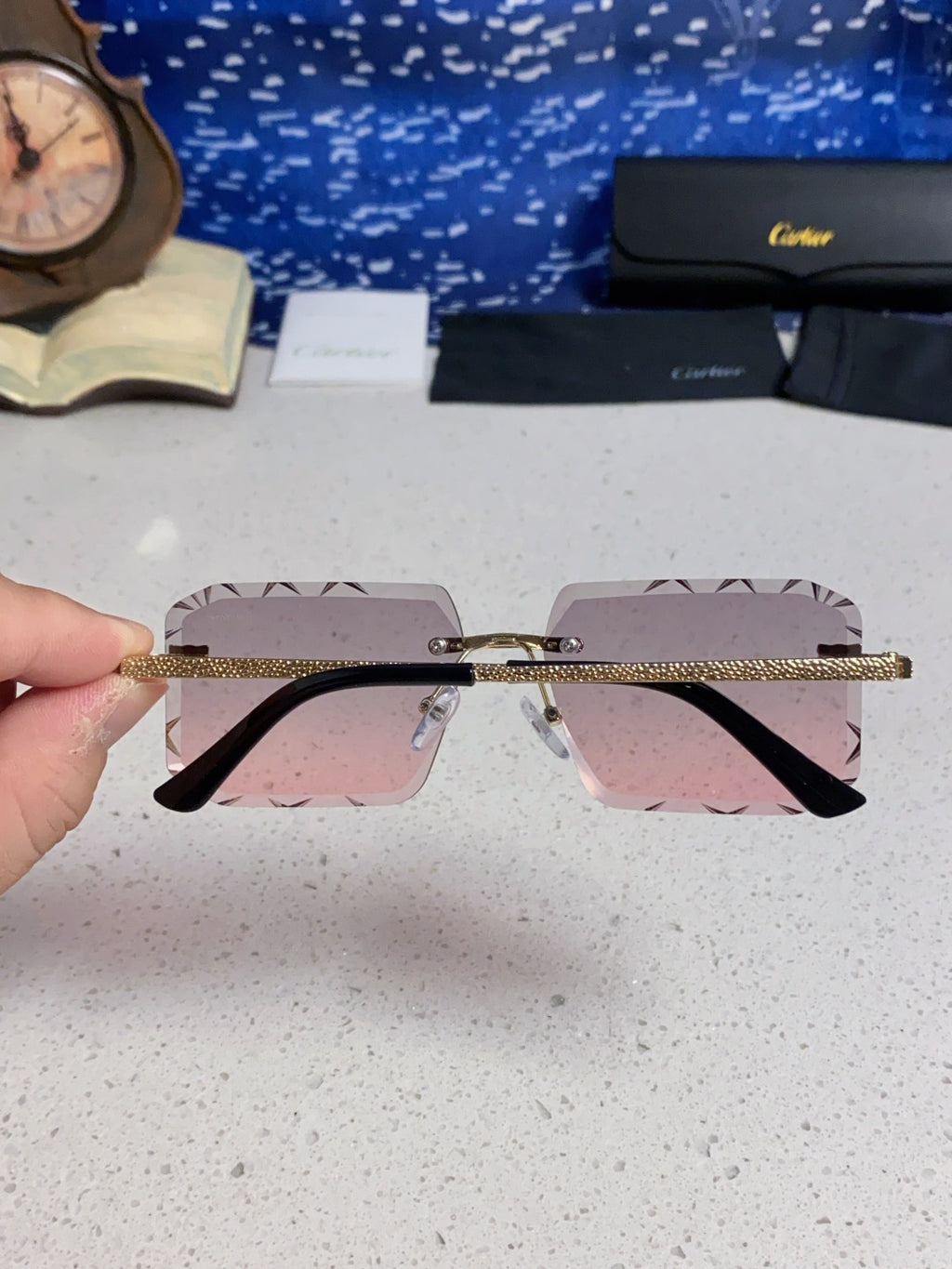 Cartier Lightweight Metal Rimless Blue Lens Sunglasses for Men & Wome - 132557 - detail image 5