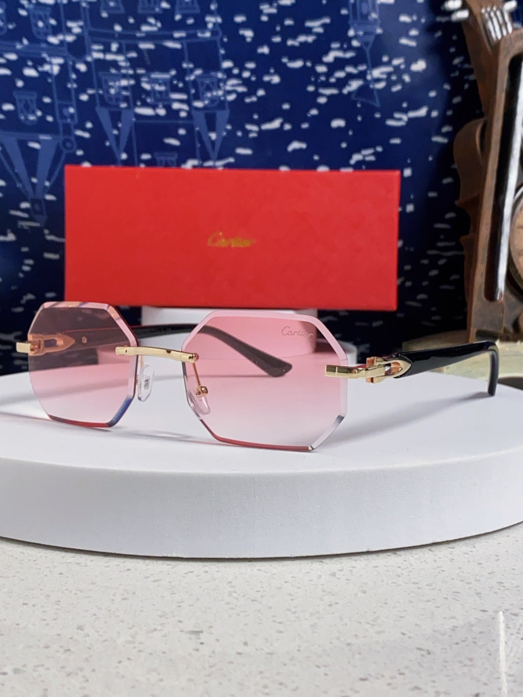 Cartier Lightweight Rimless Red Lens Sunglasses for Men & Women - 382860