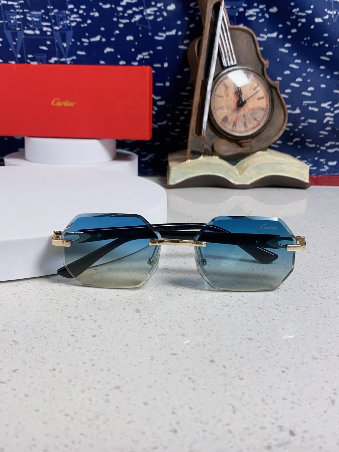 Cartier Lightweight Rimless Blue Lens Sunglasses for Men & Women - 382861 - detail image 9