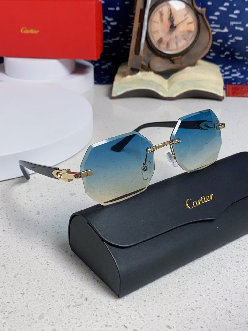Cartier Lightweight Rimless Blue Lens Sunglasses for Men & Women - 382861 - detail image 10