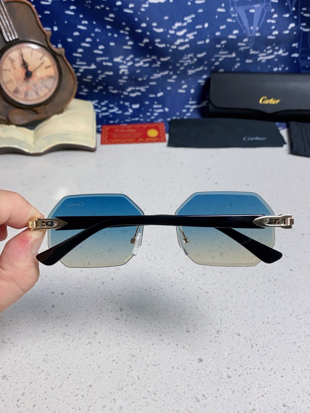 Cartier Lightweight Rimless Blue Lens Sunglasses for Men & Women - 382861 - detail image 5
