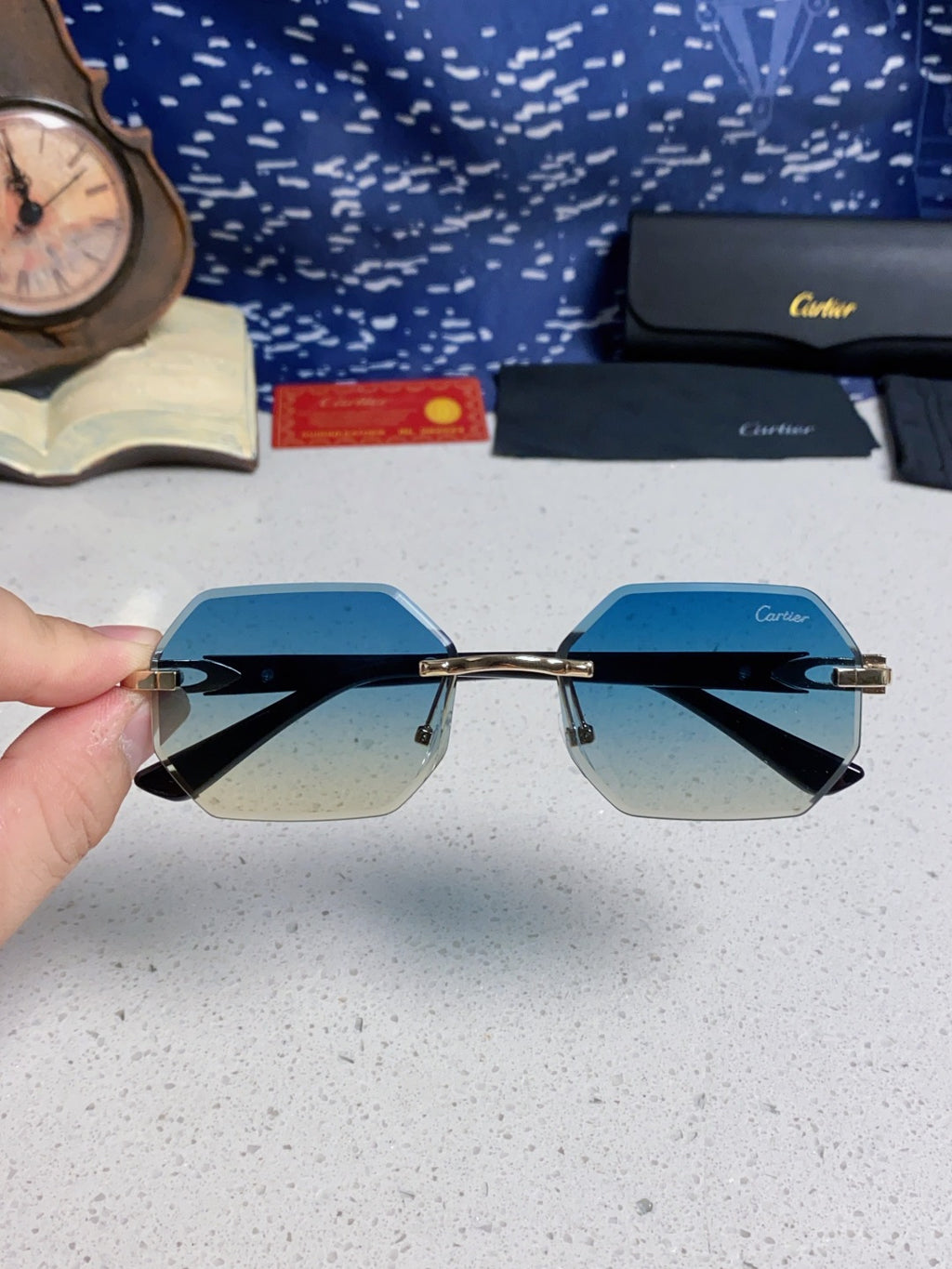 Cartier Lightweight Rimless Blue Lens Sunglasses for Men & Women - 382861 - detail image 4