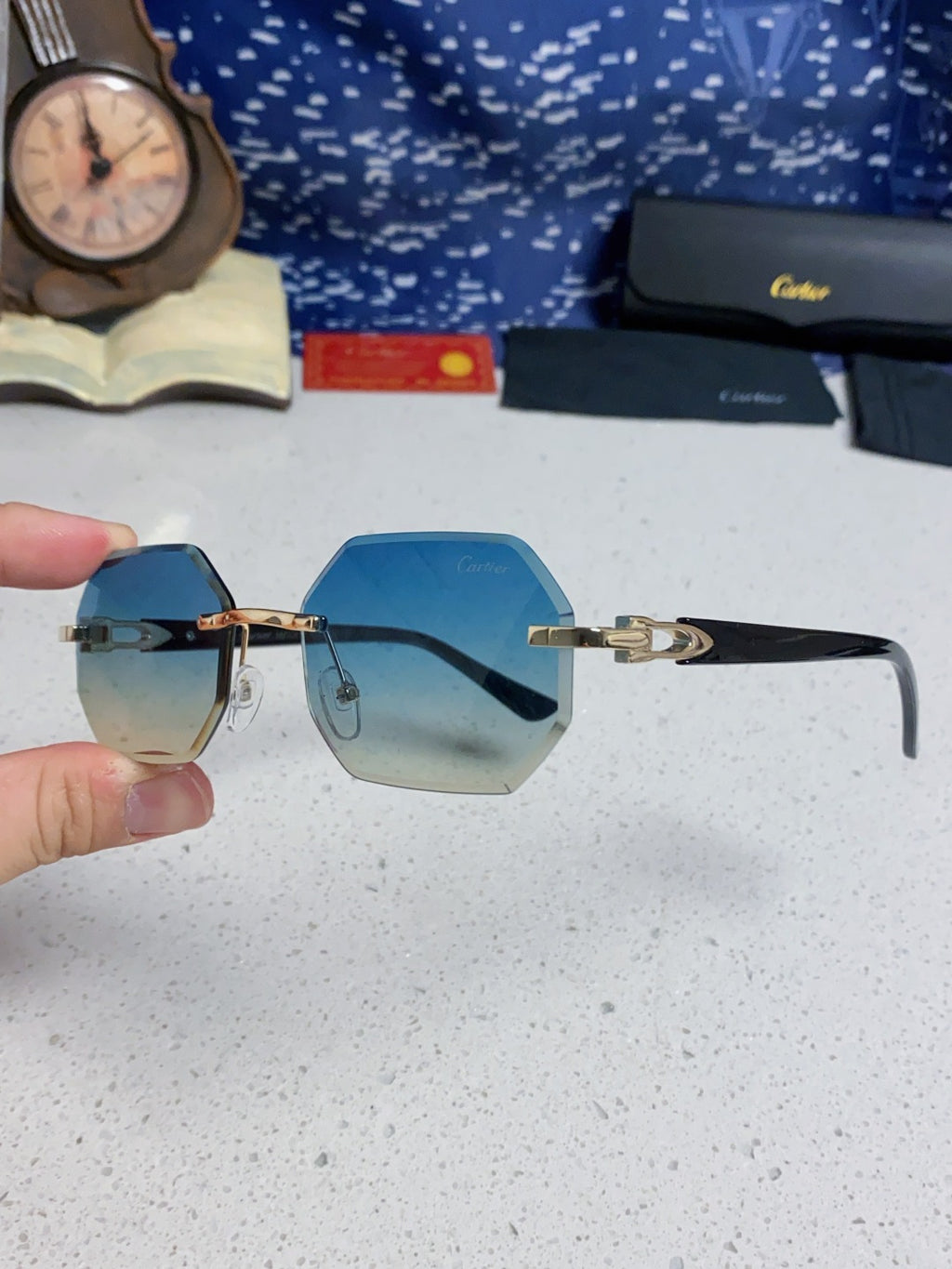 Cartier Lightweight Rimless Blue Lens Sunglasses for Men & Women - 382861 - detail image 6