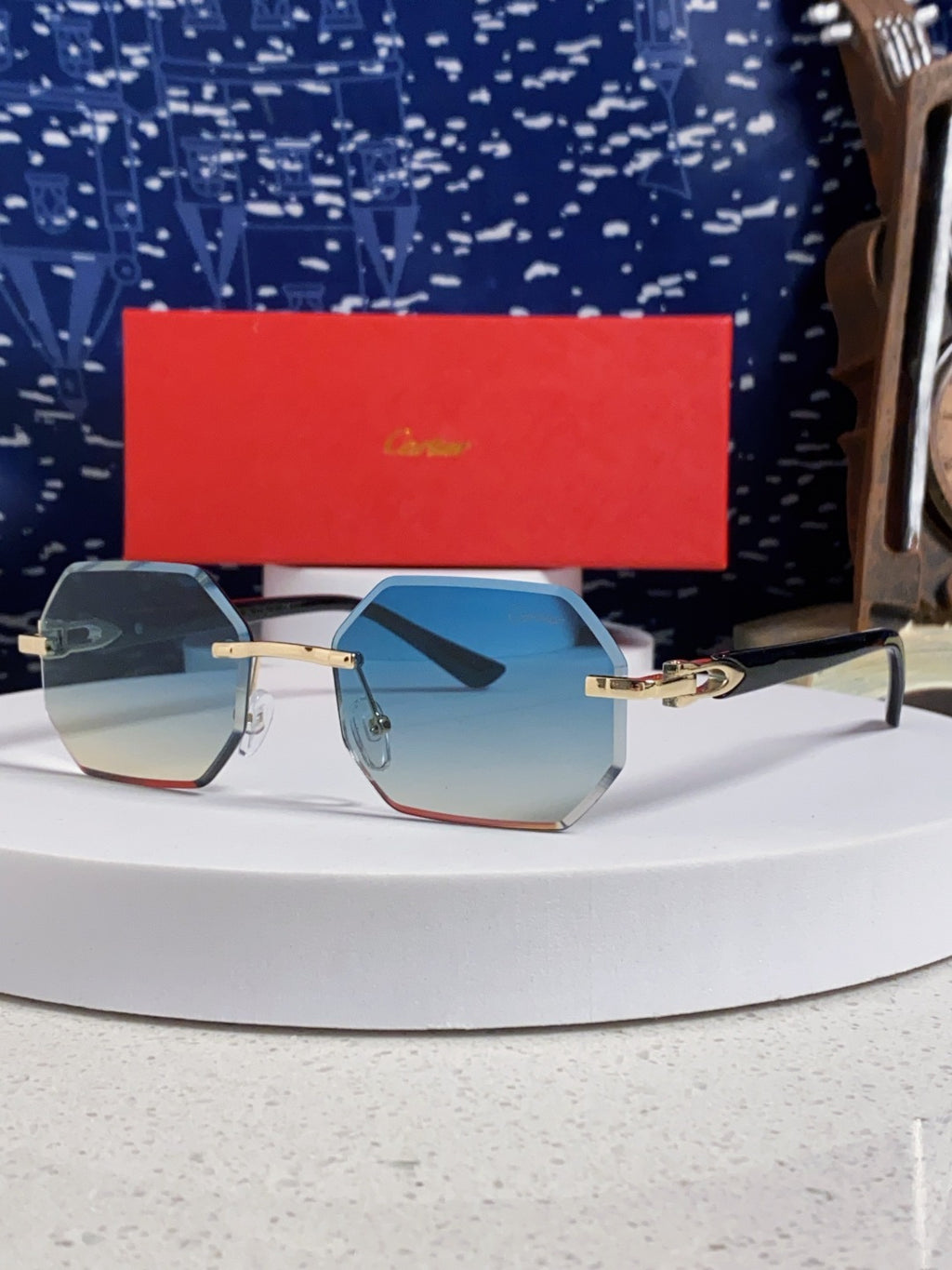 Cartier Lightweight Rimless Blue Lens Sunglasses for Men & Women - 382861
