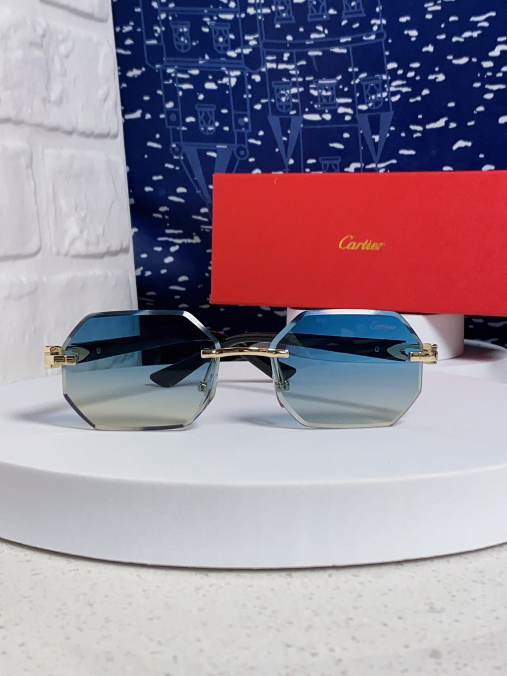 Cartier Lightweight Rimless Blue Lens Sunglasses for Men & Women - 382861 - detail image 2