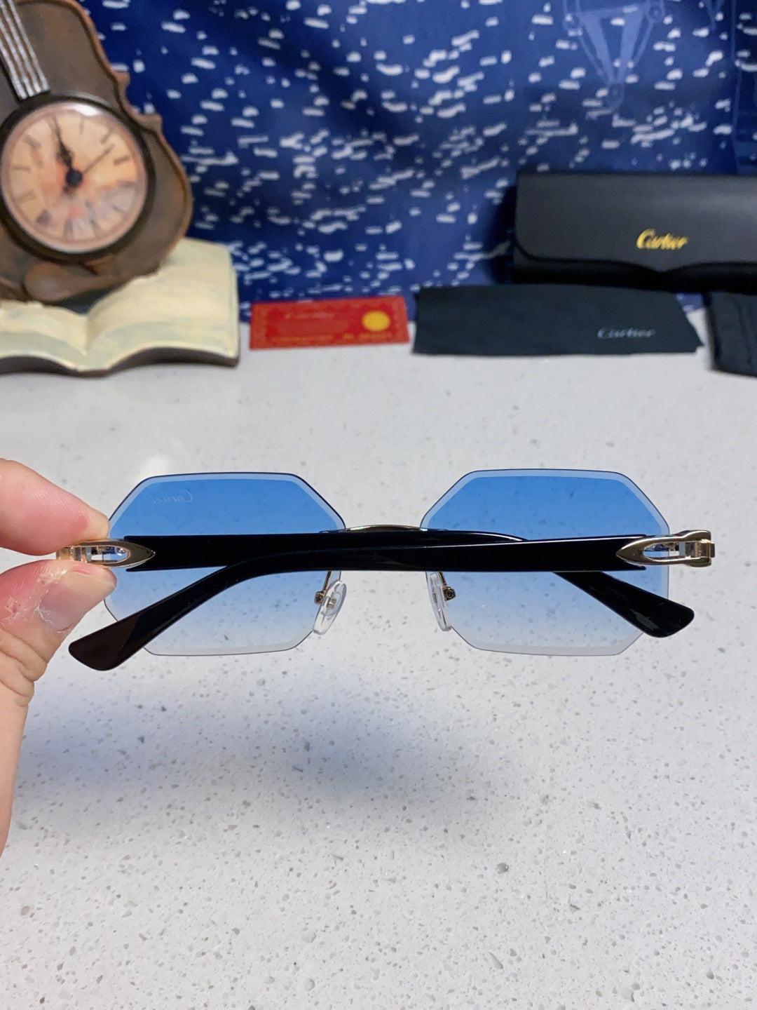 Cartier Lightweight Rimless Blue Lens Sunglasses for Men & Women - 382862 - detail image 5