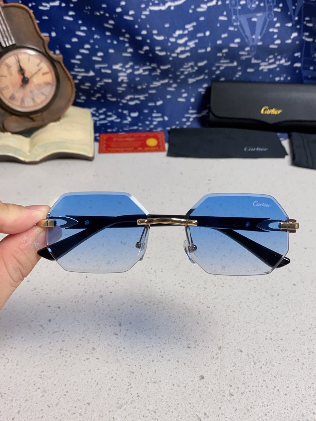 Cartier Lightweight Rimless Blue Lens Sunglasses for Men & Women - 382862 - detail image 4