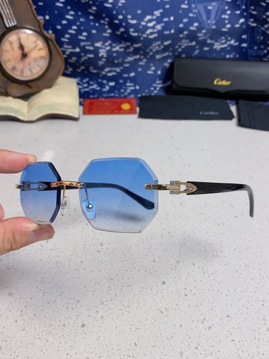 Cartier Lightweight Rimless Blue Lens Sunglasses for Men & Women - 382862 - detail image 6