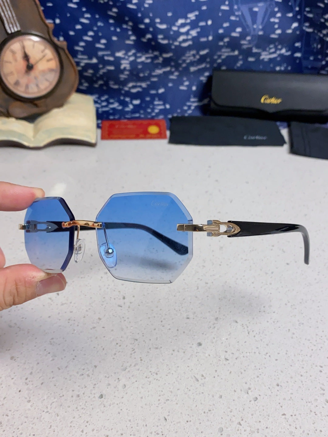 Cartier Lightweight Rimless Blue Lens Sunglasses for Men & Women - 382862 - detail image 6