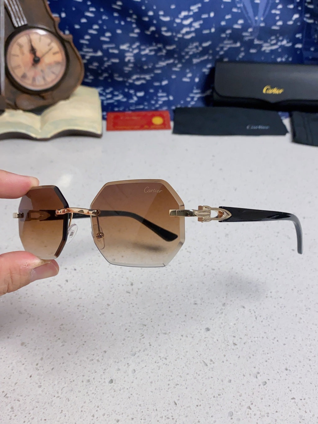 Cartier Lightweight Rimless Brown Lens Sunglasses for Men & Women - 382734 - detail image 5
