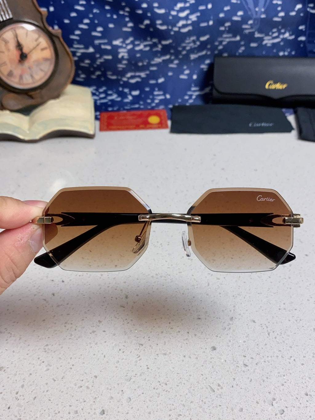 Cartier Lightweight Rimless Brown Lens Sunglasses for Men & Women - 382734 - detail image 3