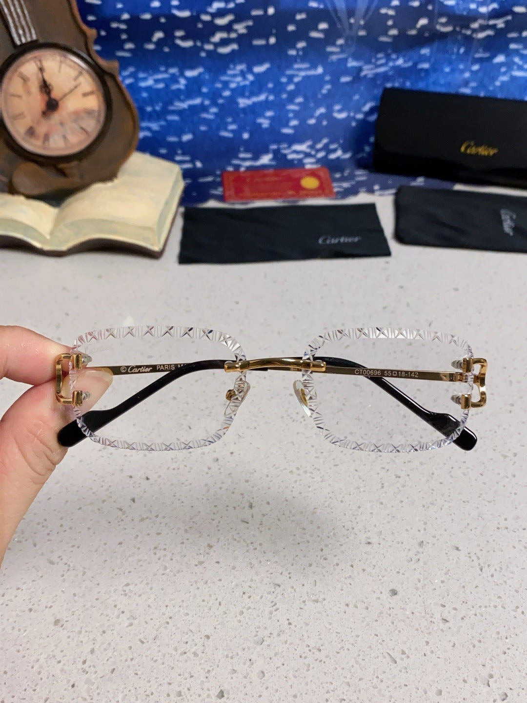 Cartier Metal Square Blue Lens Sunglasses for Men & Women - 487350 - detail image 4