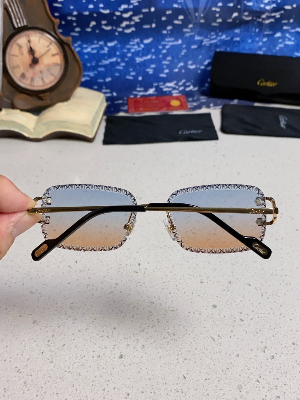 Cartier Metal Square Blue Lens Sunglasses for Men & Women - 998232 - detail image 5