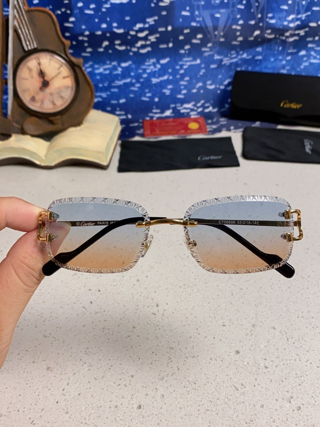 Cartier Metal Square Blue Lens Sunglasses for Men & Women - 998232 - detail image 4