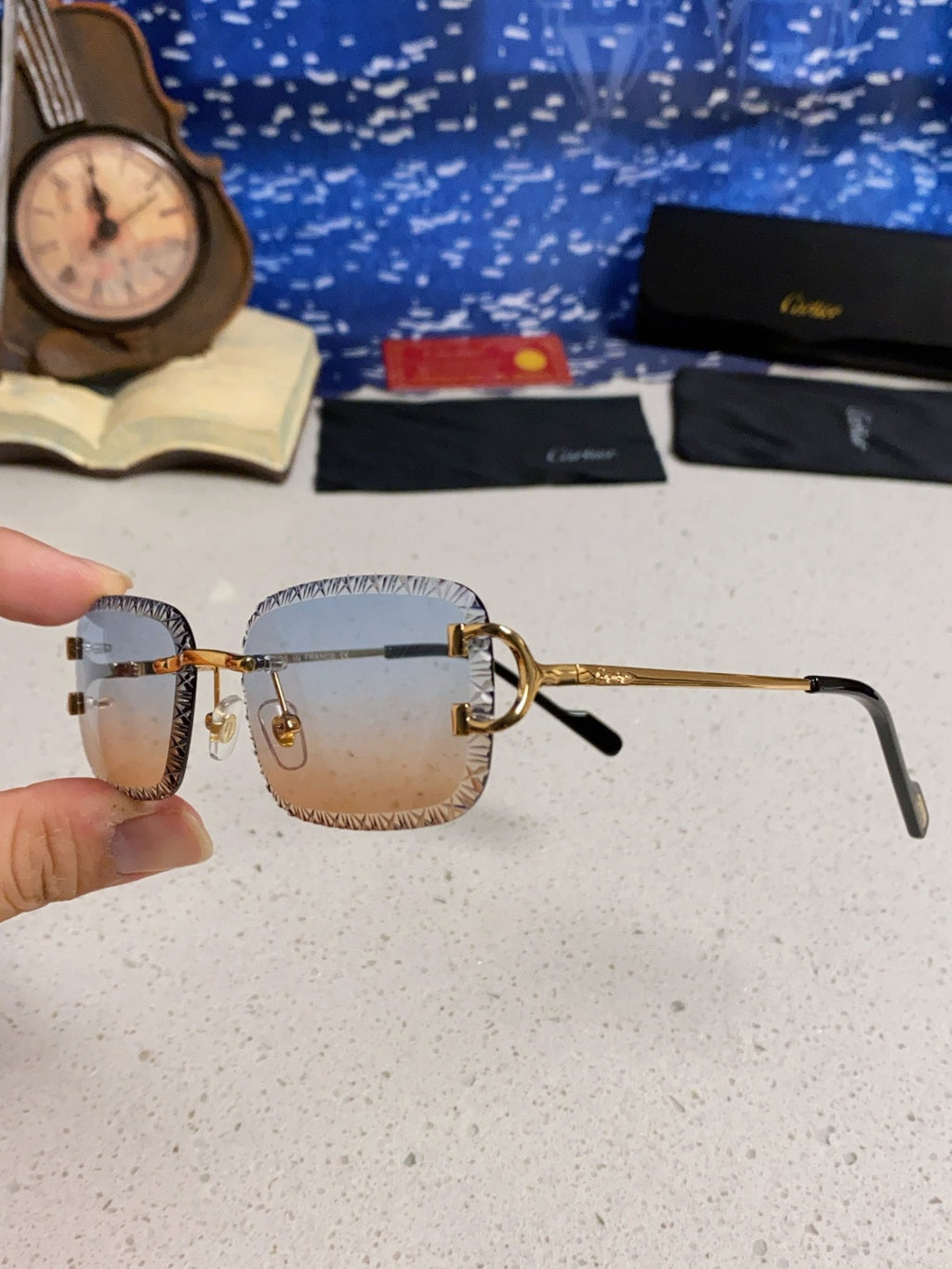 Cartier Metal Square Blue Lens Sunglasses for Men & Women - 998232 - detail image 6
