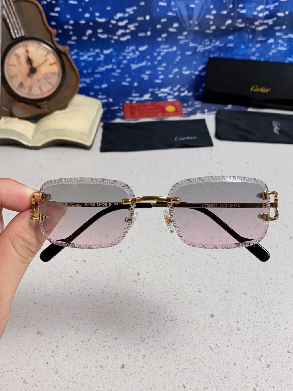 Cartier Metal Square Blue Lens Sunglasses for Men & Women - 998233 - detail image 4