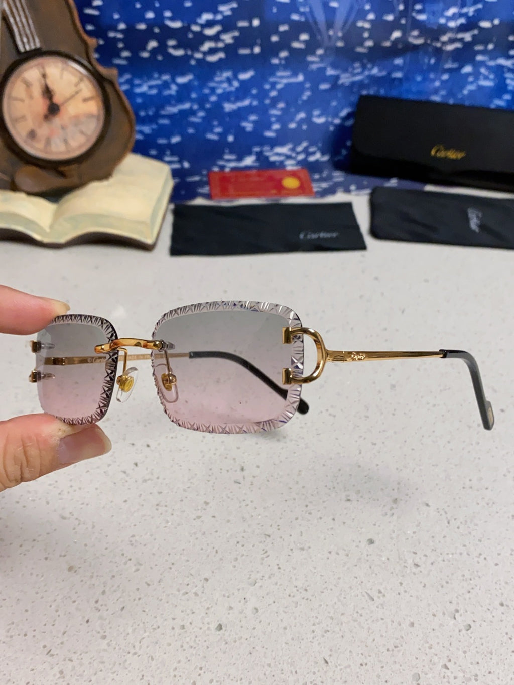 Cartier Metal Square Blue Lens Sunglasses for Men & Women - 998233 - detail image 6