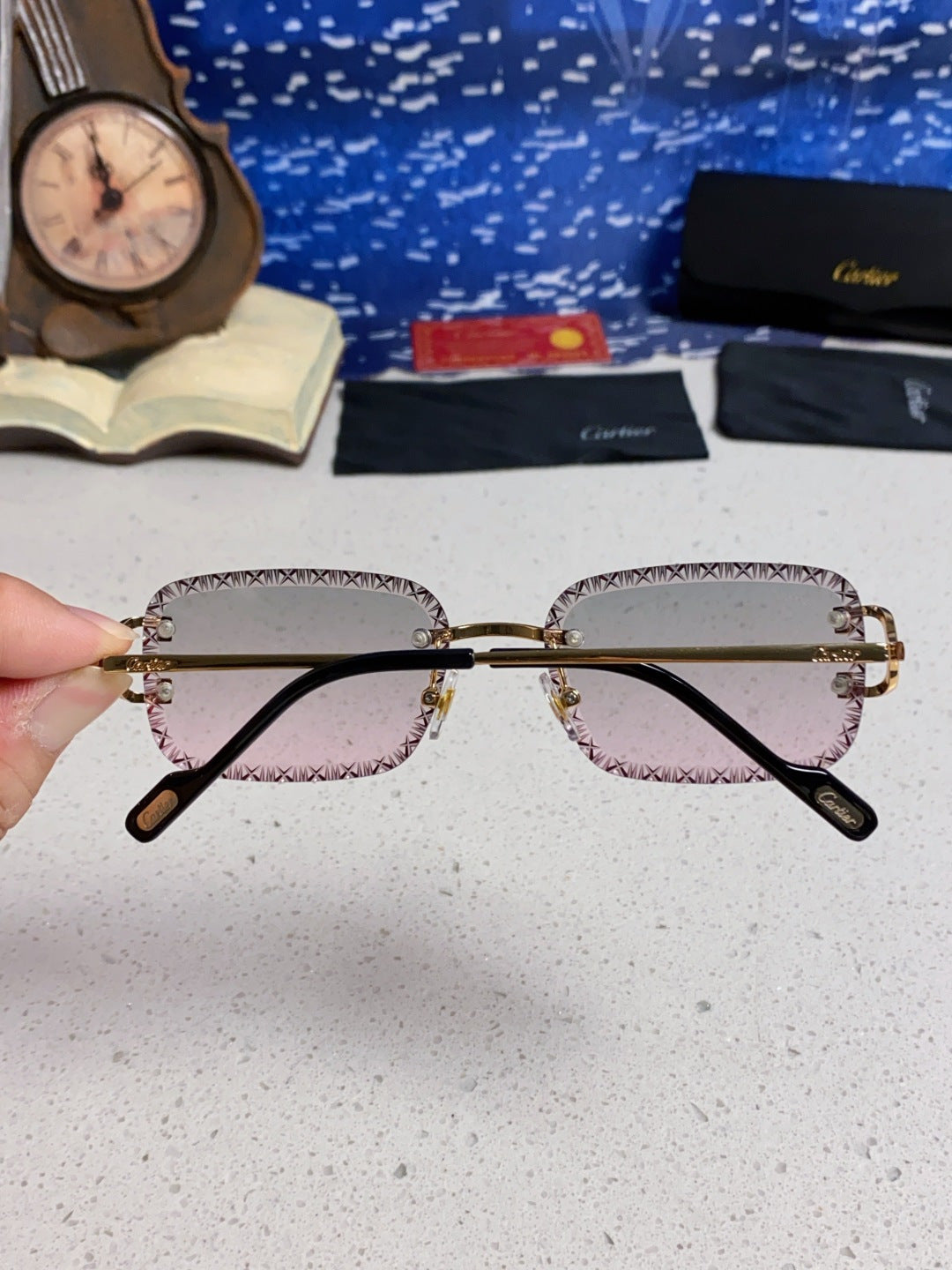 Cartier Metal Square Blue Lens Sunglasses for Men & Women - 998233 - detail image 5