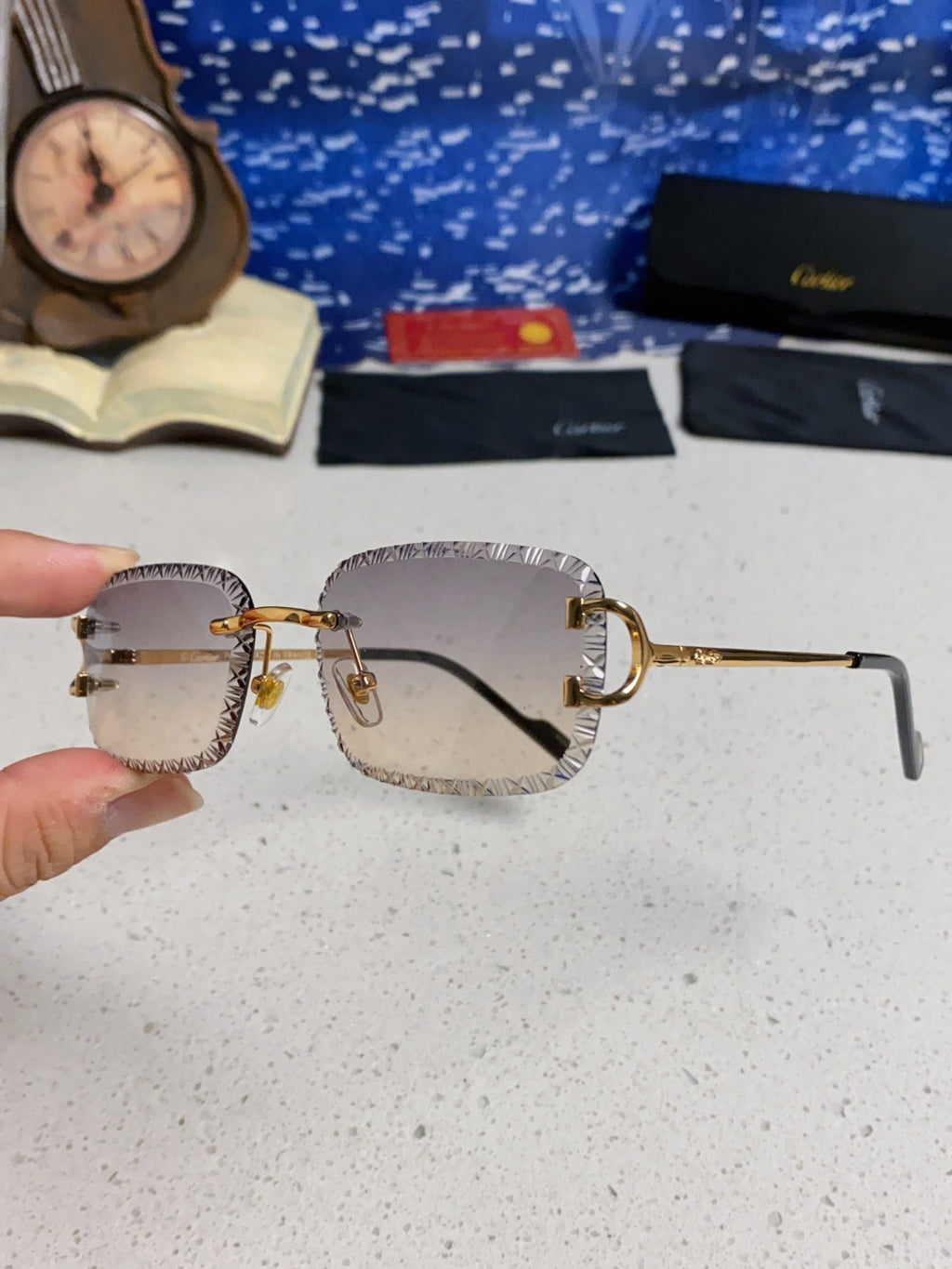 Cartier Metal Square Blue Lens Sunglasses for Men & Women - 998234 - detail image 6