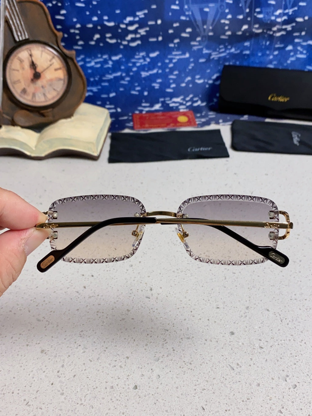 Cartier Metal Square Blue Lens Sunglasses for Men & Women - 998234 - detail image 5