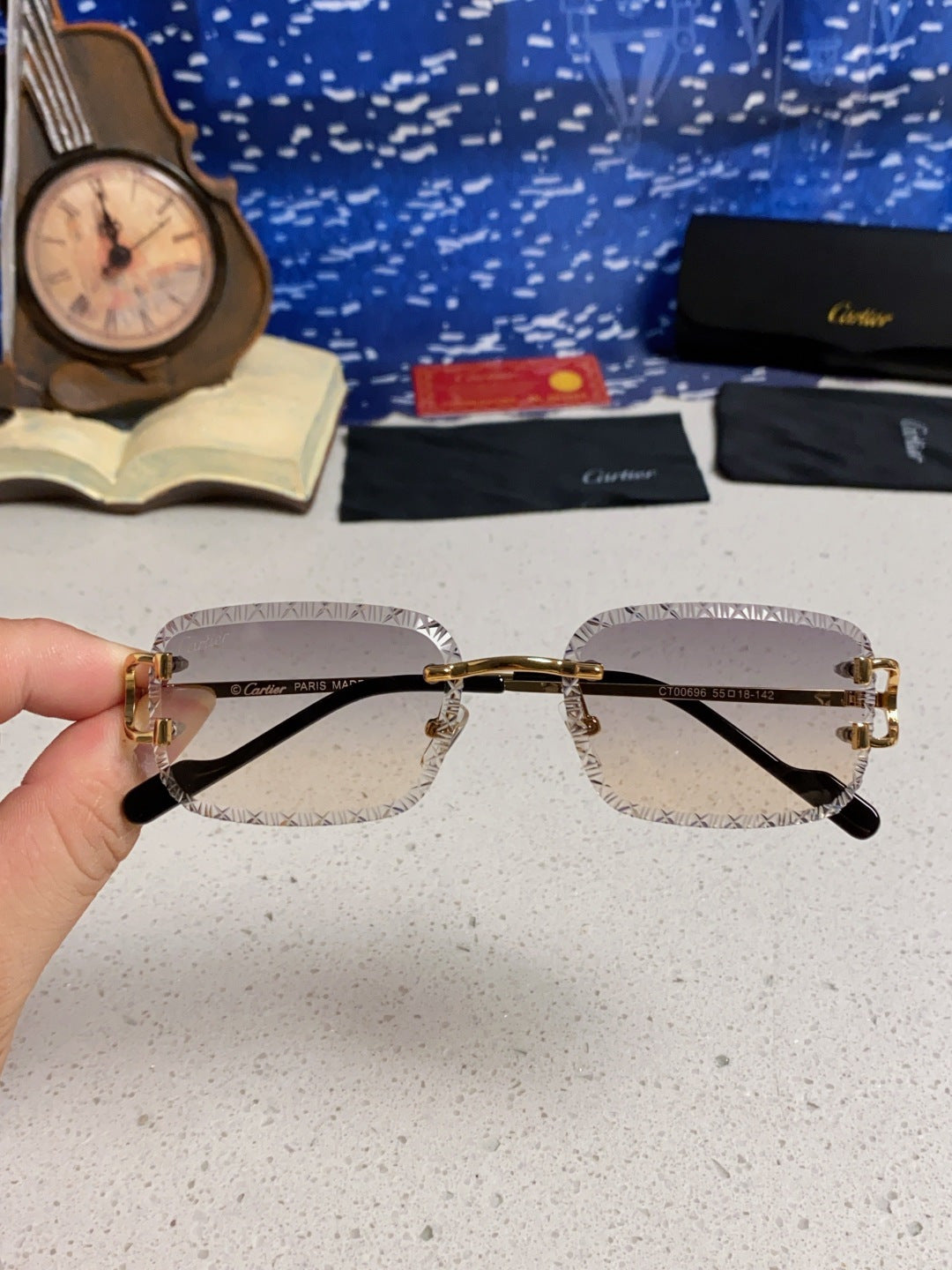 Cartier Metal Square Blue Lens Sunglasses for Men & Women - 432345 - detail image 4
