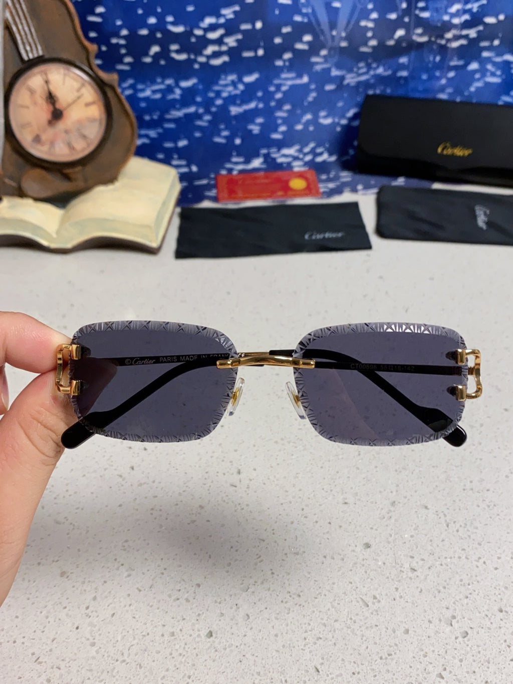 Cartier Metal Square Black Lens Sunglasses for Men & Women - 998237 - detail image 4