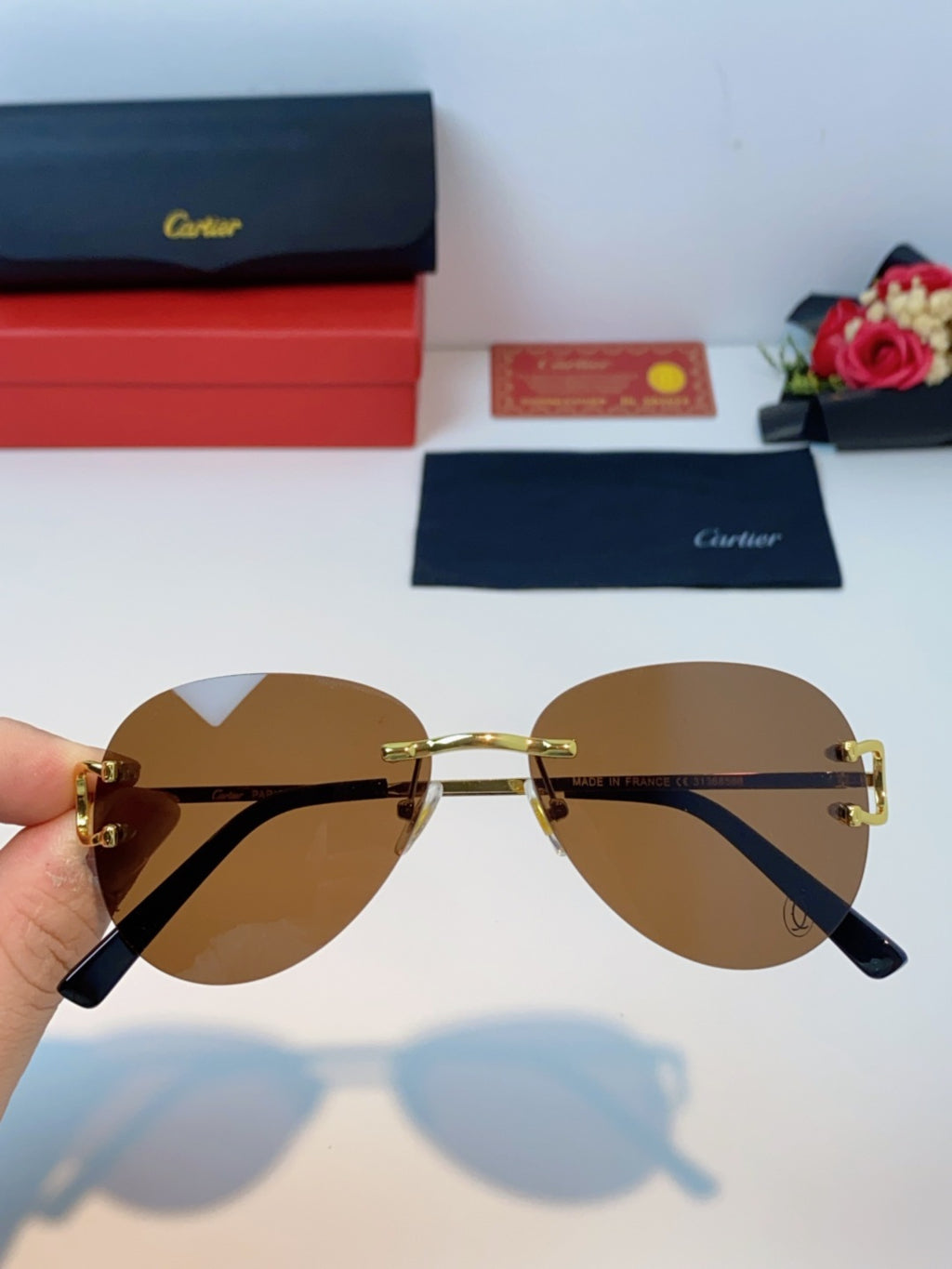 Cartier Lightweight Rimless Brown Lens Sunglasses for Men & Women - 432290 - detail image 3