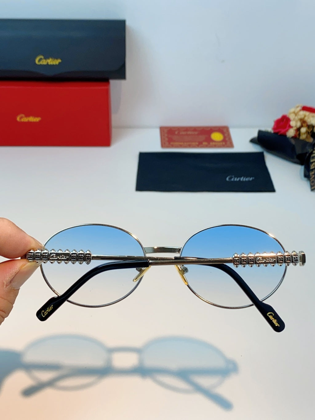Cartier Metal Oval Red Lens Sunglasses for Men & Women - detail image 5