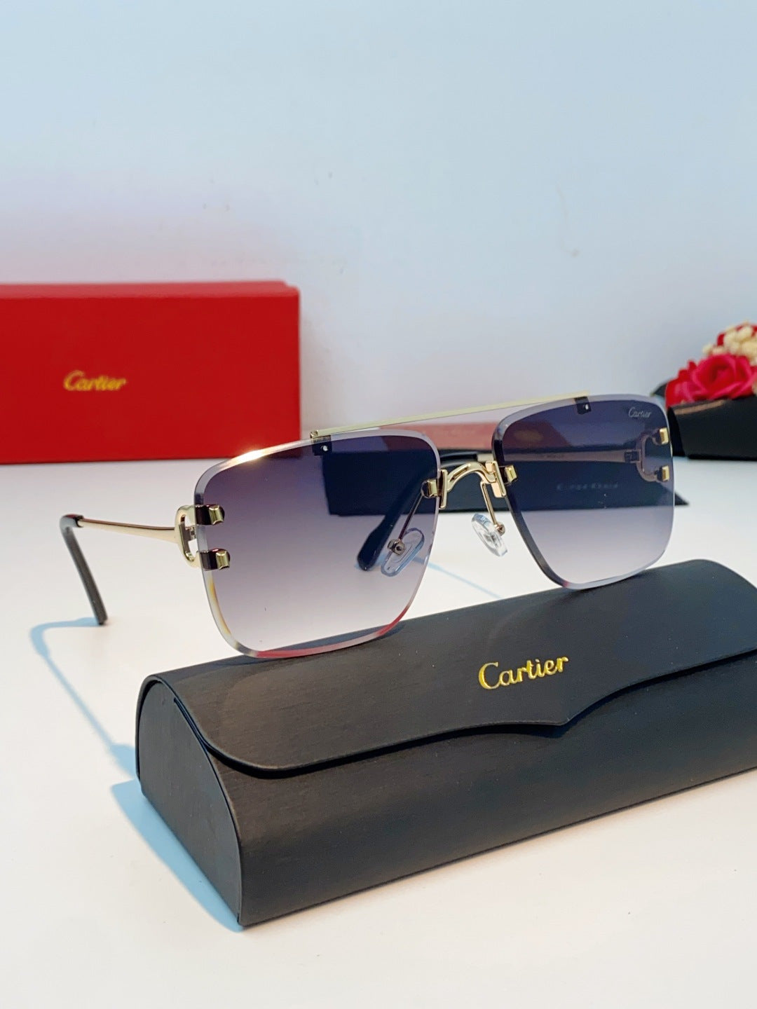 Cartier Lightweight Metal Rimless Gray Lens Sunglasses for Men & Women - detail image 10