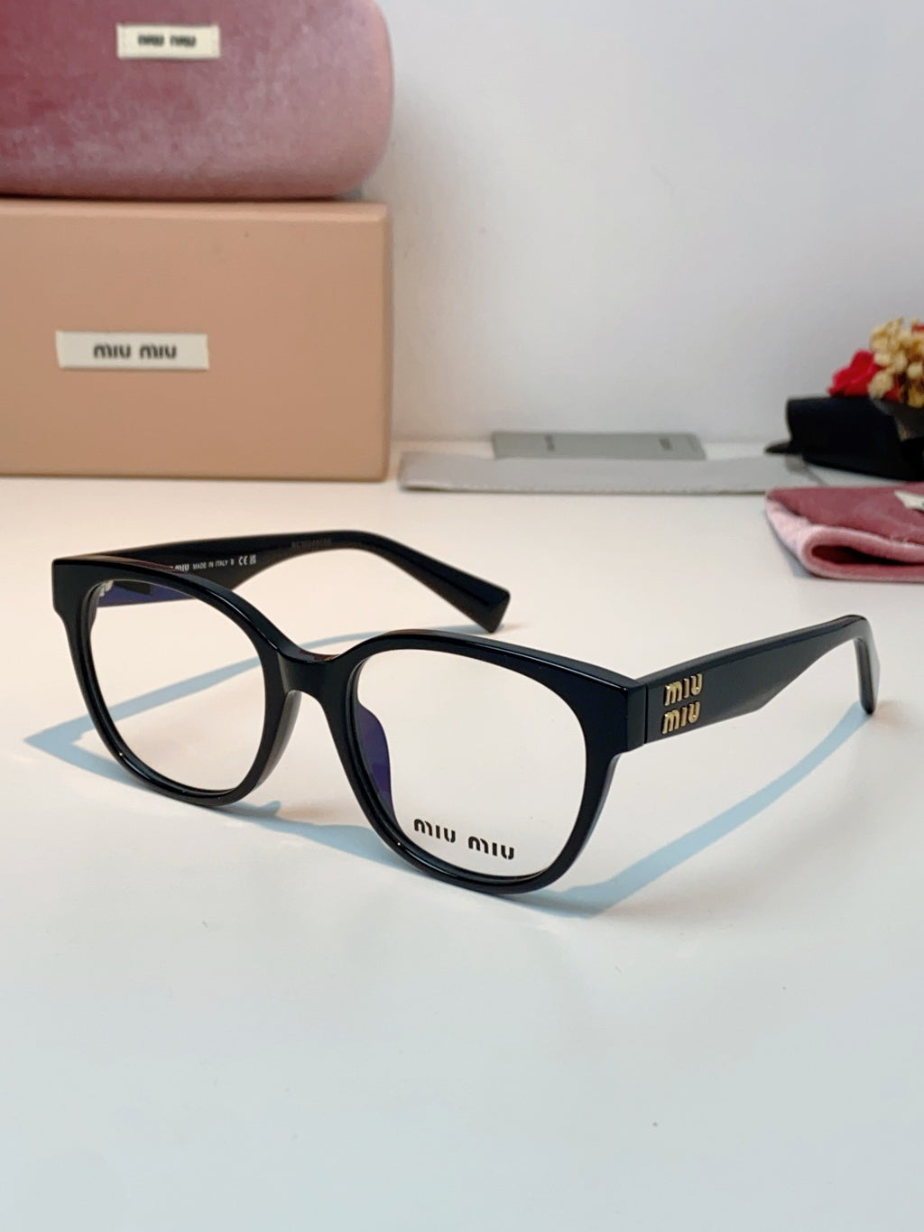 Miu Miu VMU02V Blue-Light Acetate Cat-Eye Black Lens Sunglasses