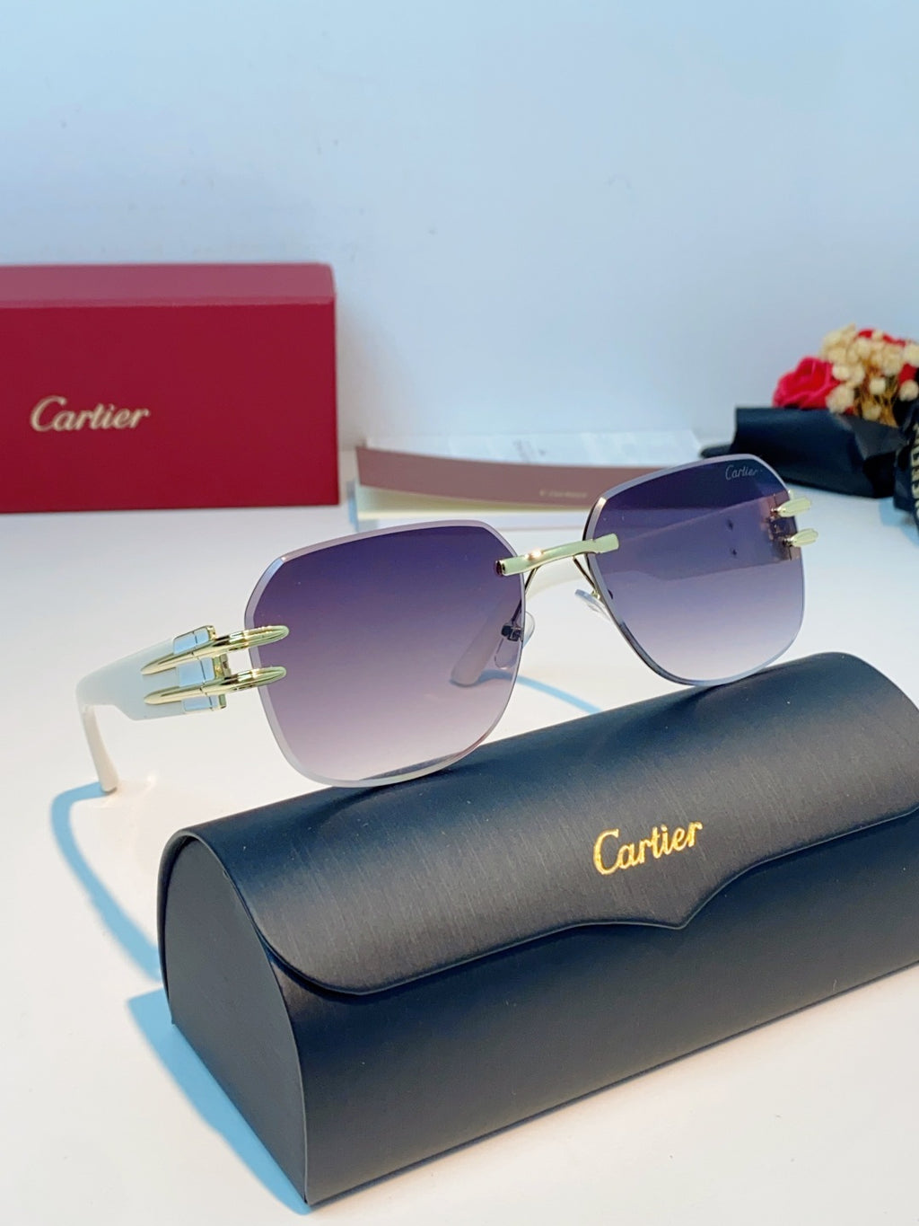 Cartier Polarized Metal Rimless Purple Lens Sunglasses for Men & Women - detail image 10