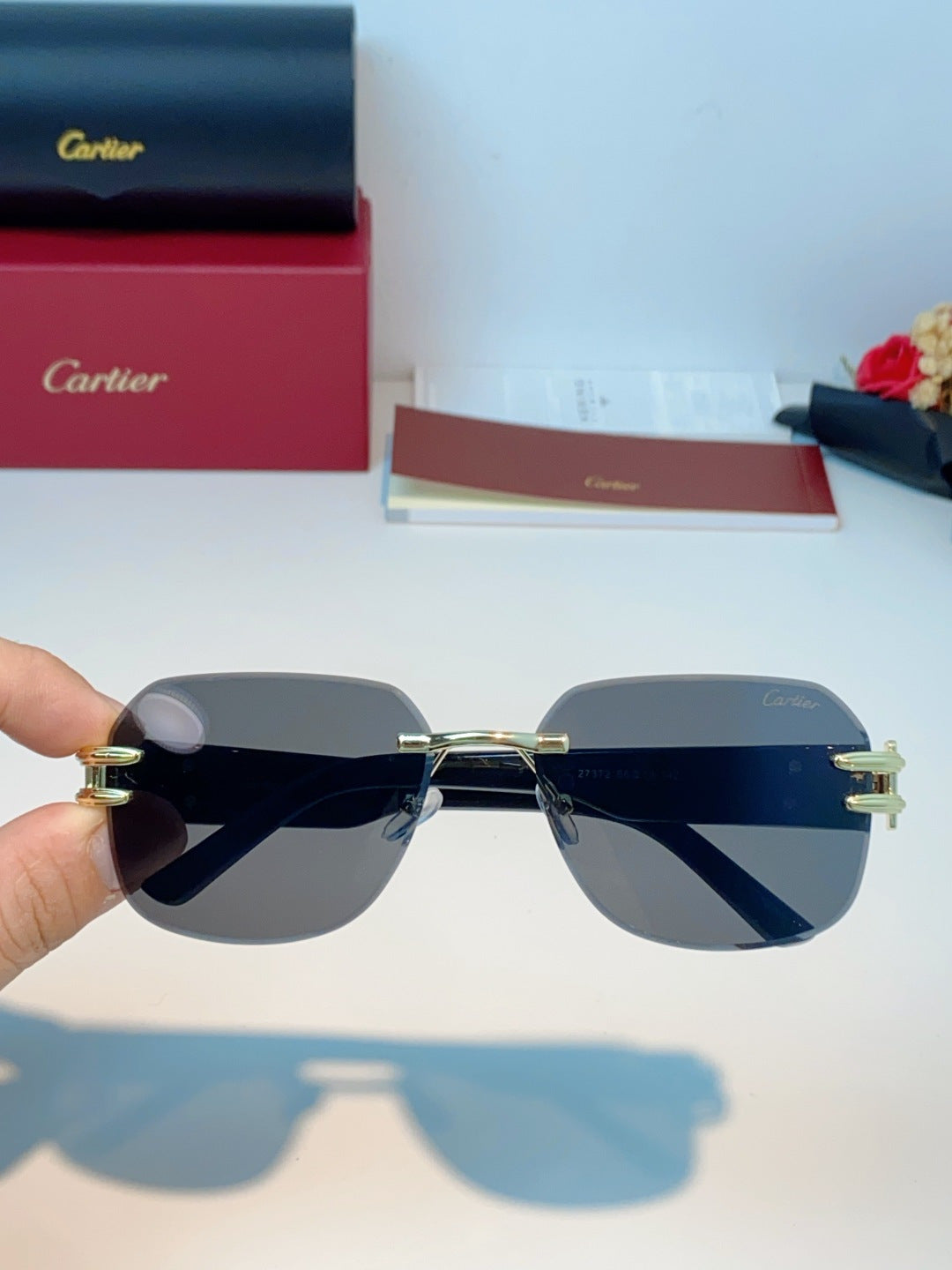 Cartier Polarized Metal Rimless Black Lens Sunglasses for Men & Women - detail image 4