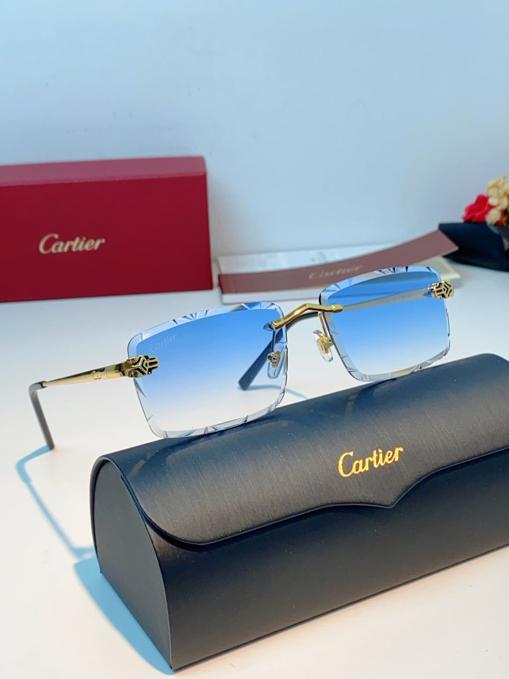 Cartier Lightweight Rimless Blue Lens Sunglasses for Men & Women - 487363 - detail image 10