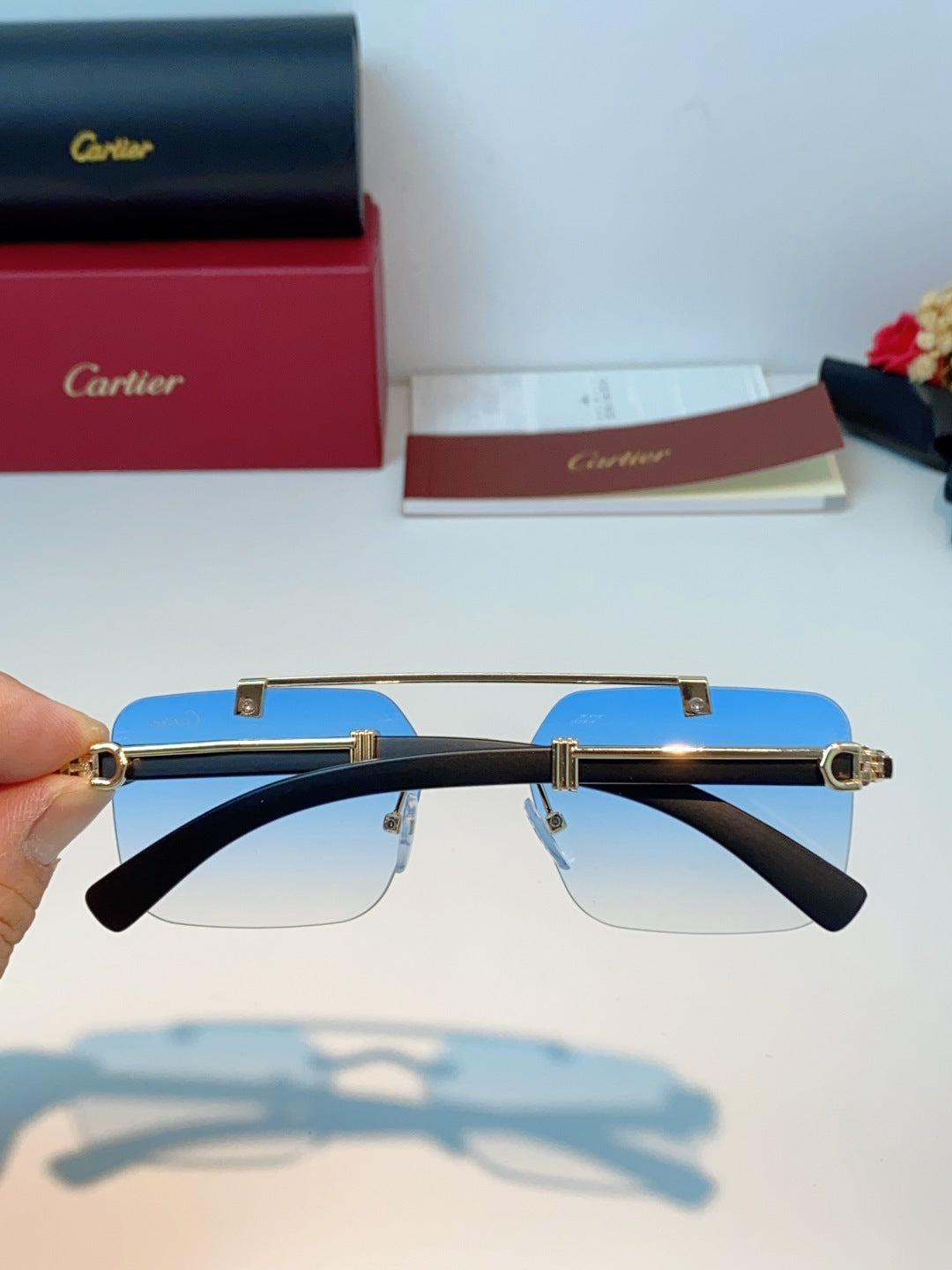Cartier Lightweight Rimless Blue Lens Sunglasses for Men & Women - 487315 - detail image 5