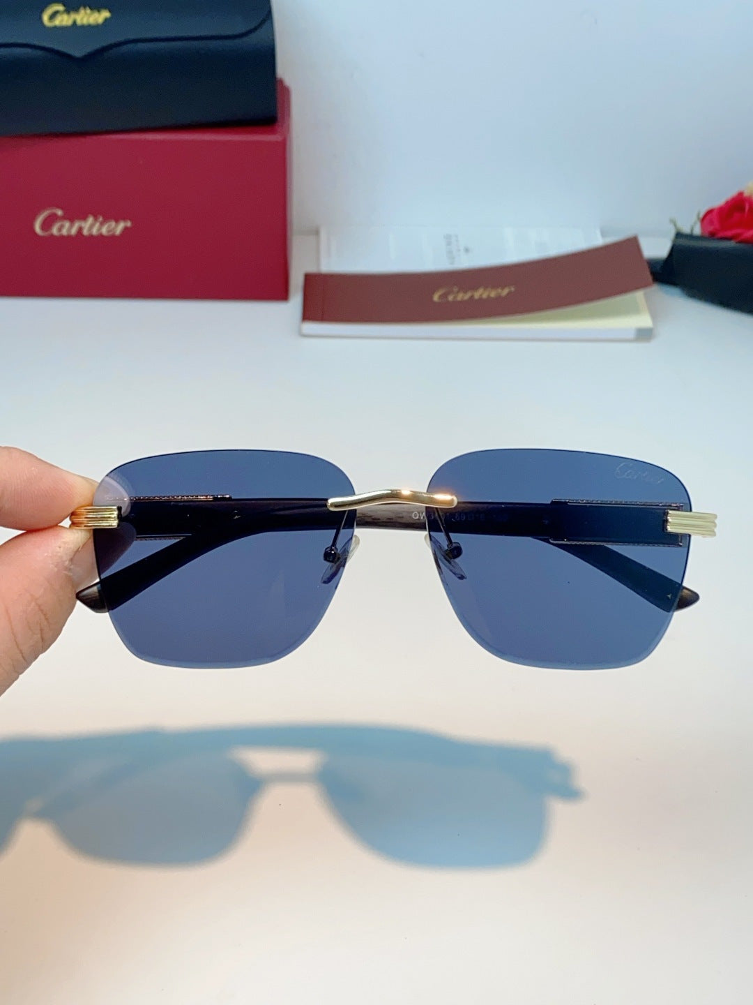 Cartier Lightweight Rimless Blue Lens Sunglasses for Men & Women - 358573 - detail image 4