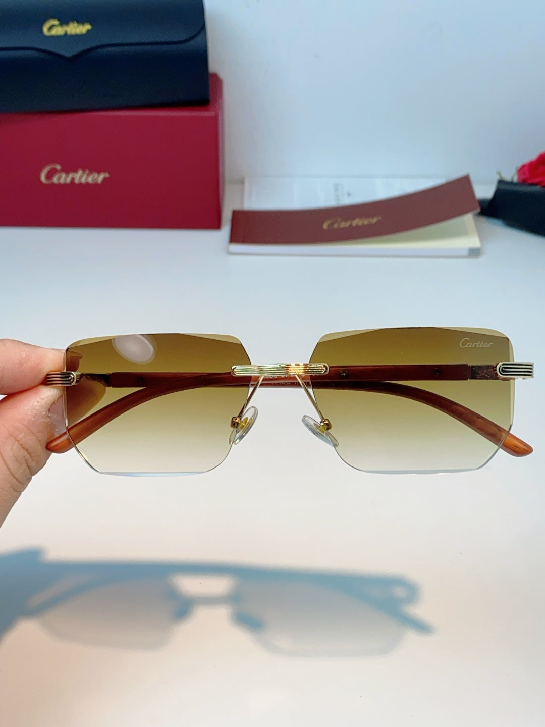 Cartier Lightweight Metal Rimless Orange Lens Sunglasses for Men & Women - detail image 4