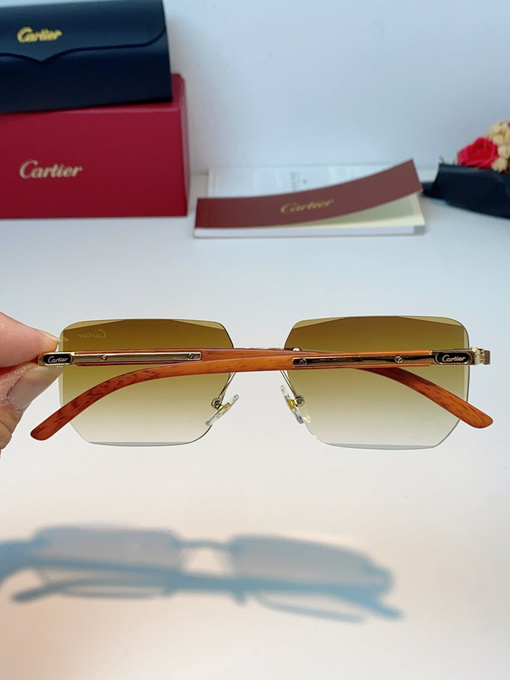 Cartier Lightweight Metal Rimless Orange Lens Sunglasses for Men & Women - detail image 5