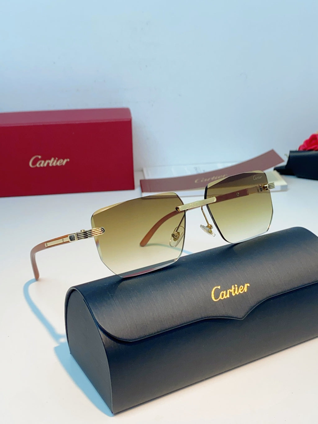 Cartier Lightweight Metal Rimless Orange Lens Sunglasses for Men & Women - detail image 11