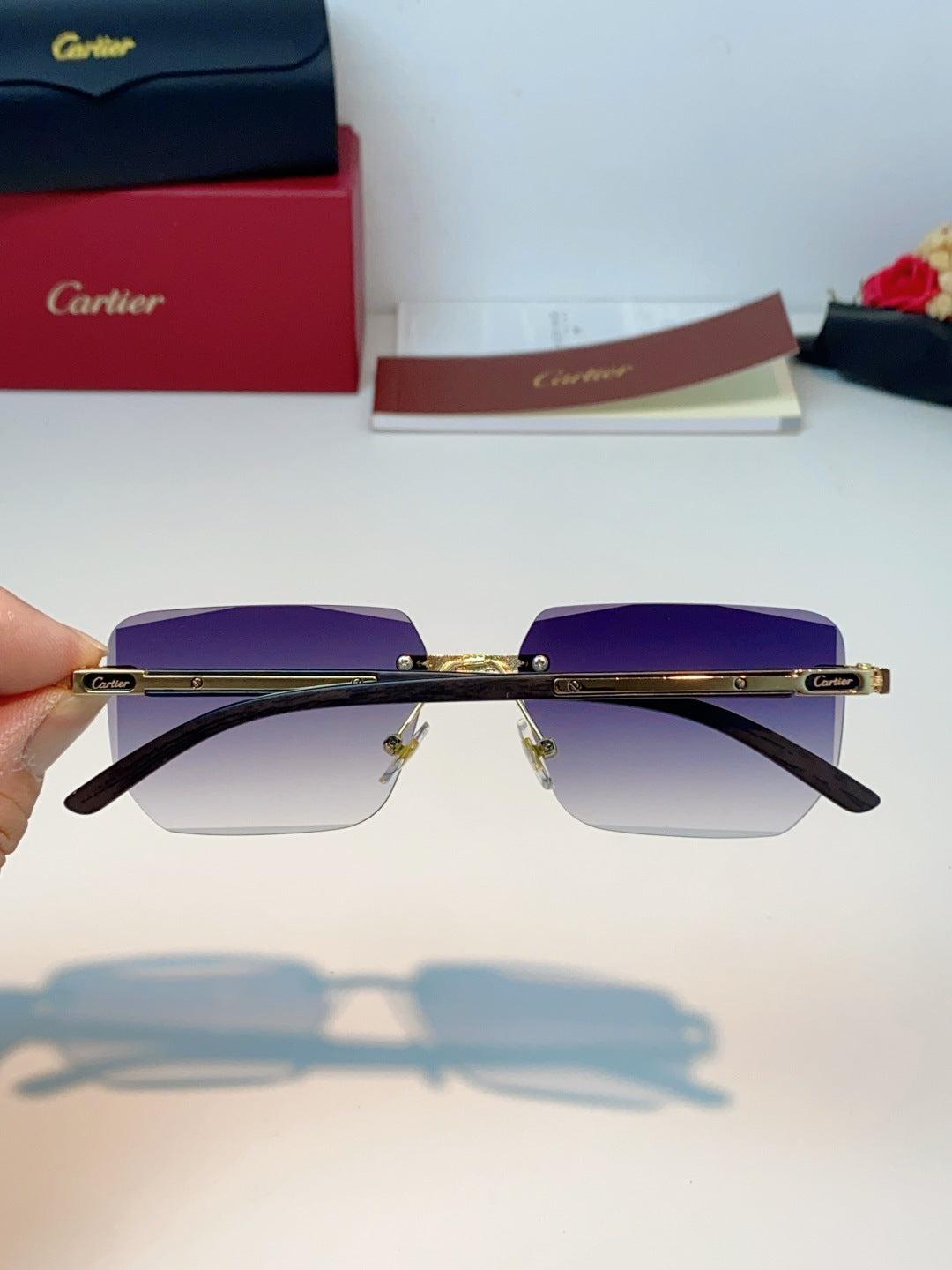 Cartier Lightweight Metal Rimless Blue Lens Sunglasses for Men & Wome - 358515 - detail image 5