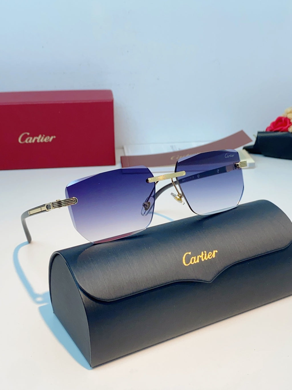 Cartier Lightweight Metal Rimless Blue Lens Sunglasses for Men & Wome - 358515 - detail image 11