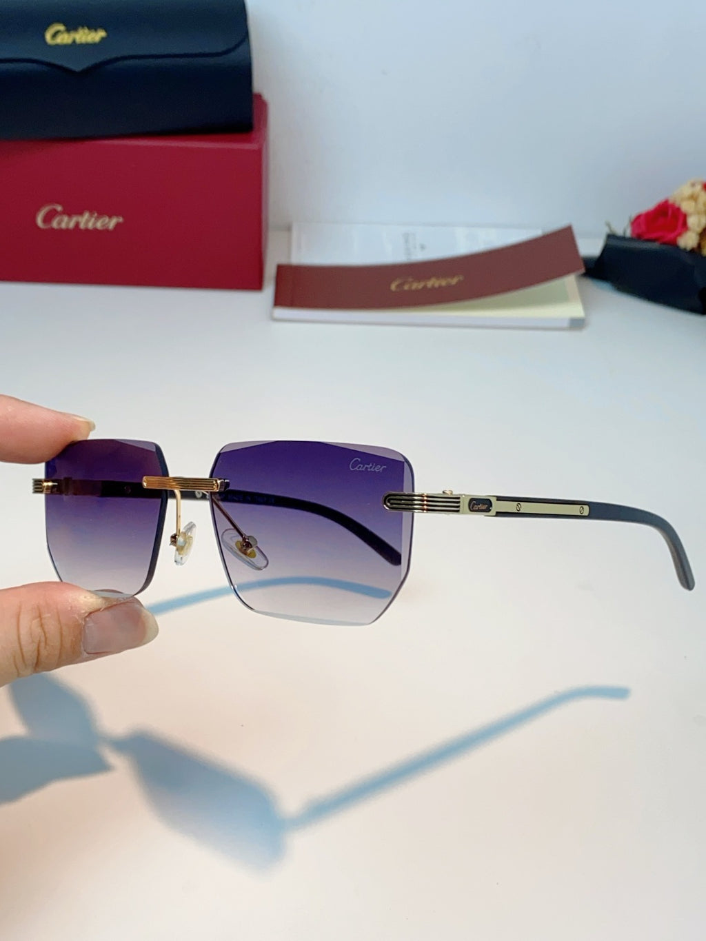 Cartier Lightweight Metal Rimless Blue Lens Sunglasses for Men & Wome - 358515 - detail image 6