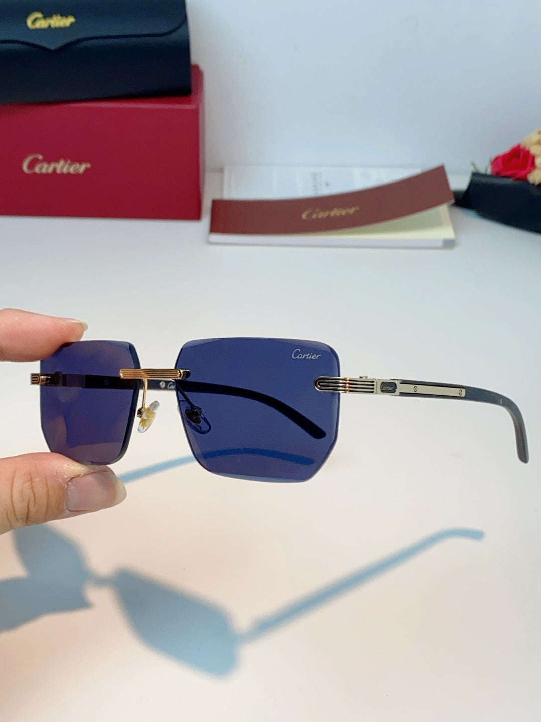 Cartier Lightweight Metal Rimless Blue Lens Sunglasses for Men & Wome - 358516 - detail image 6