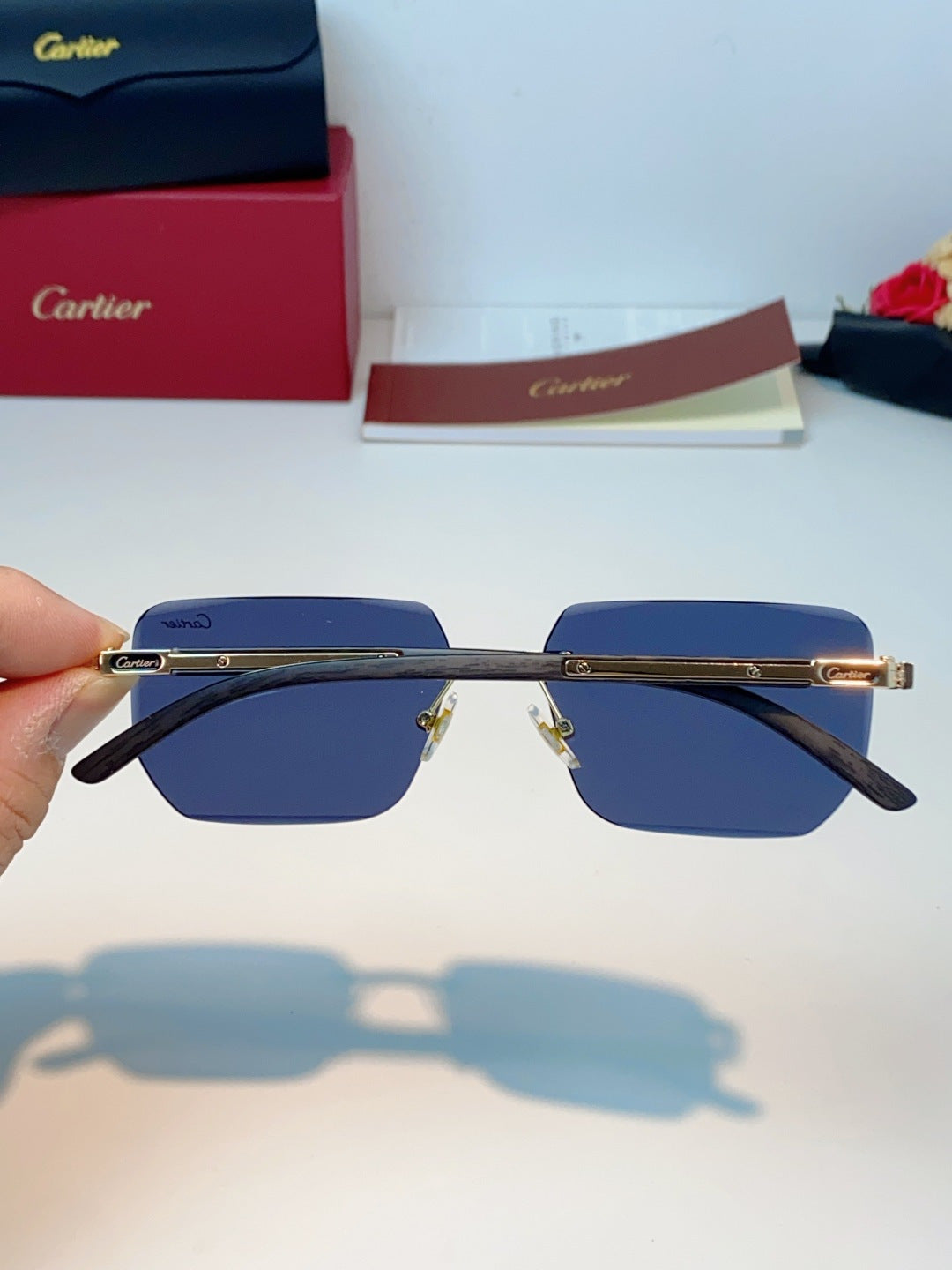 Cartier Lightweight Metal Rimless Blue Lens Sunglasses for Men & Wome - 358516 - detail image 5