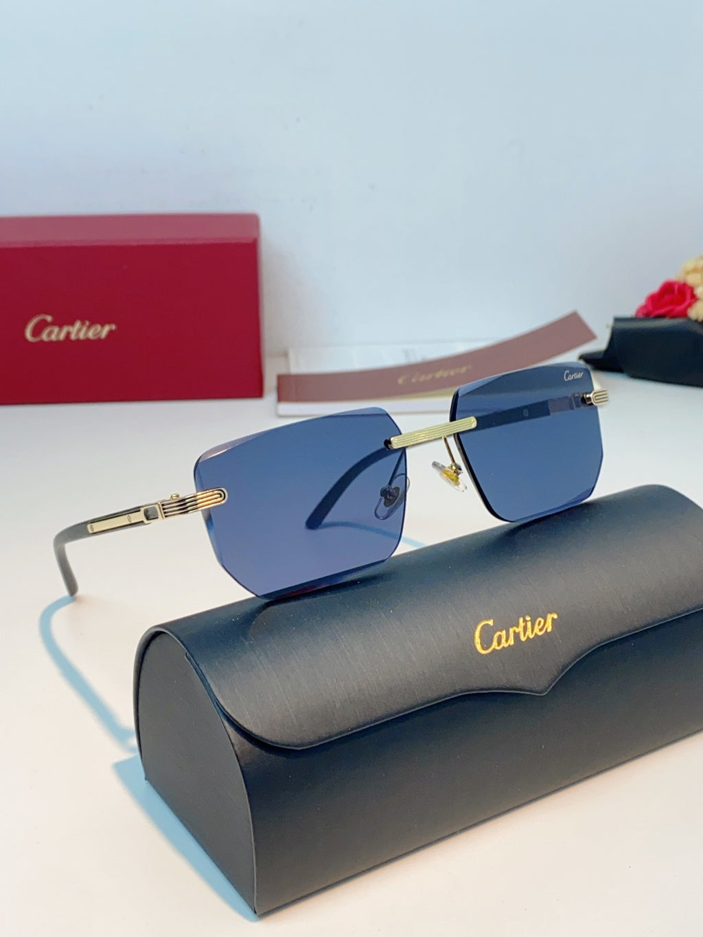 Cartier Lightweight Metal Rimless Blue Lens Sunglasses for Men & Wome - 358516 - detail image 11