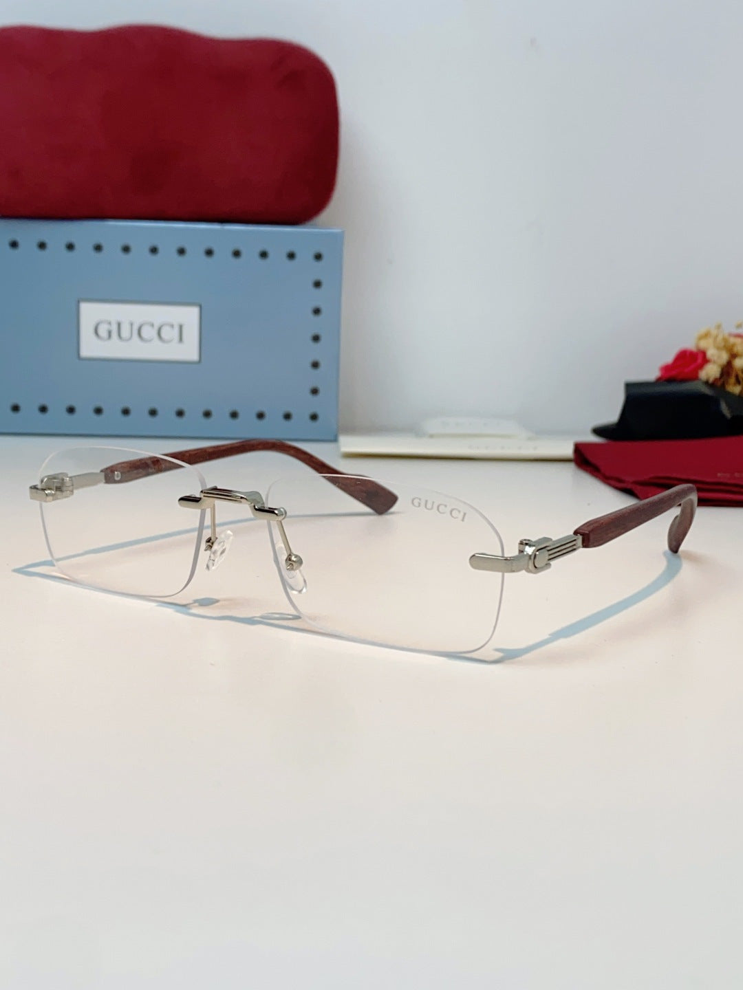 Gucci Lightweight Metal Rimless Silver Lens Sunglasses for Men & Women