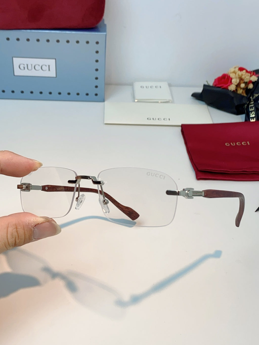 Gucci Lightweight Metal Rimless Silver Lens Sunglasses for Men & Women - detail image 6