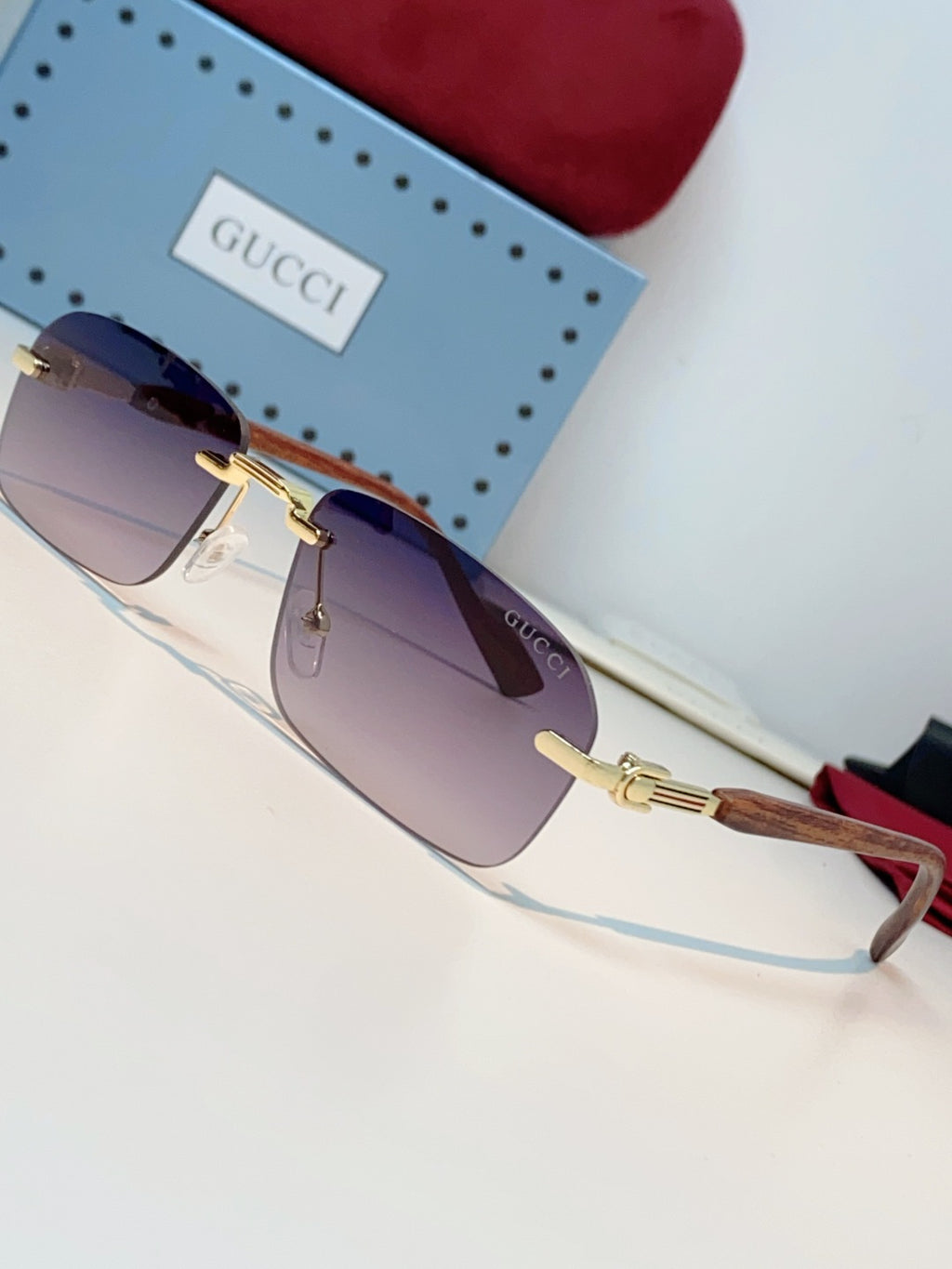 Gucci Lightweight Metal Rimless Red Lens Sunglasses for Men & Women - detail image 7