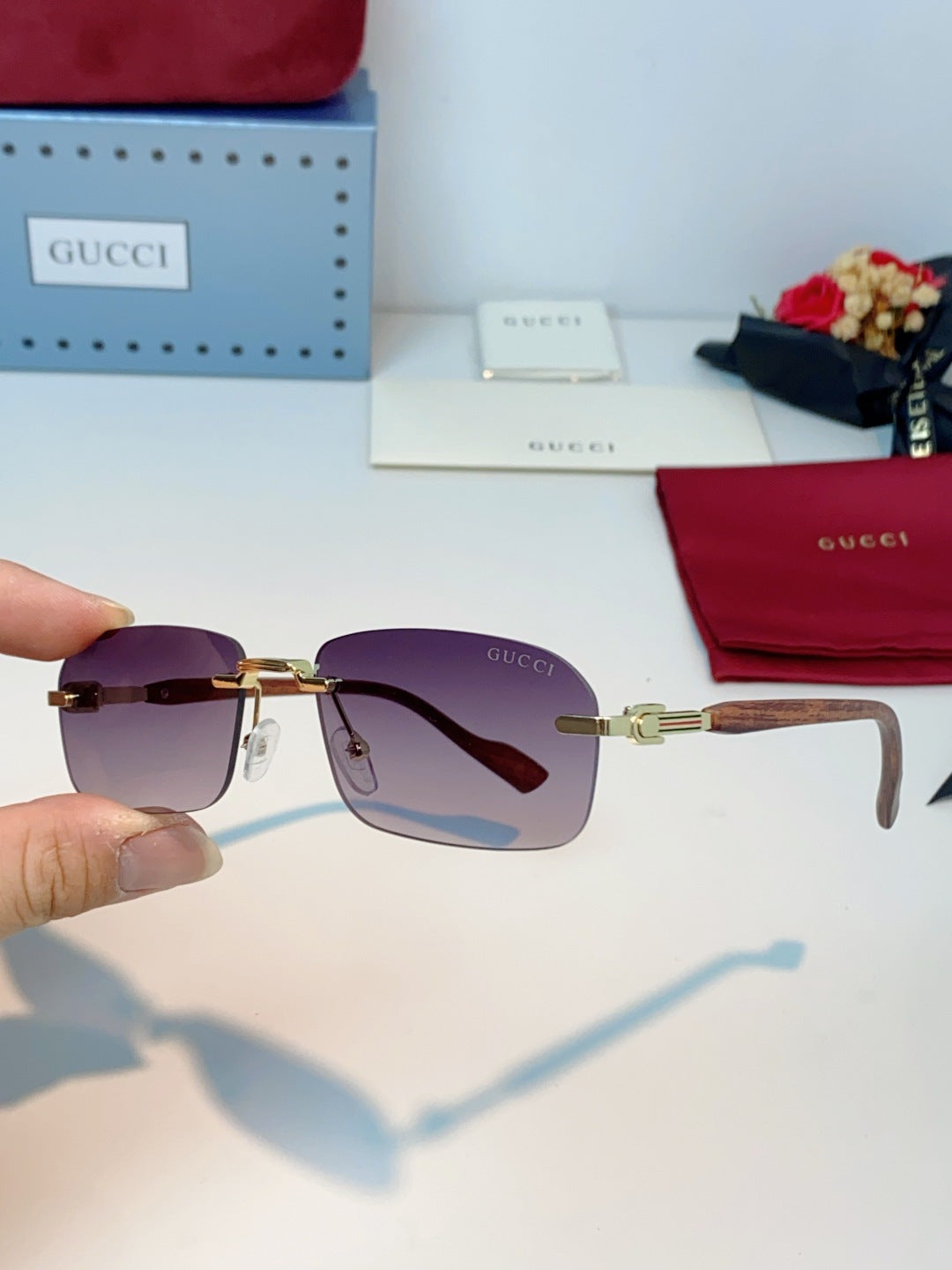 Gucci Lightweight Metal Rimless Red Lens Sunglasses for Men & Women - detail image 6