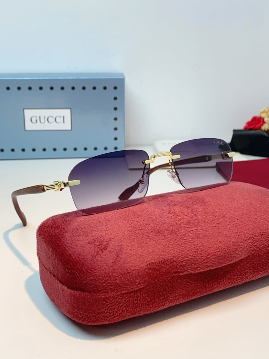 Gucci Lightweight Metal Rimless Red Lens Sunglasses for Men & Women - detail image 11