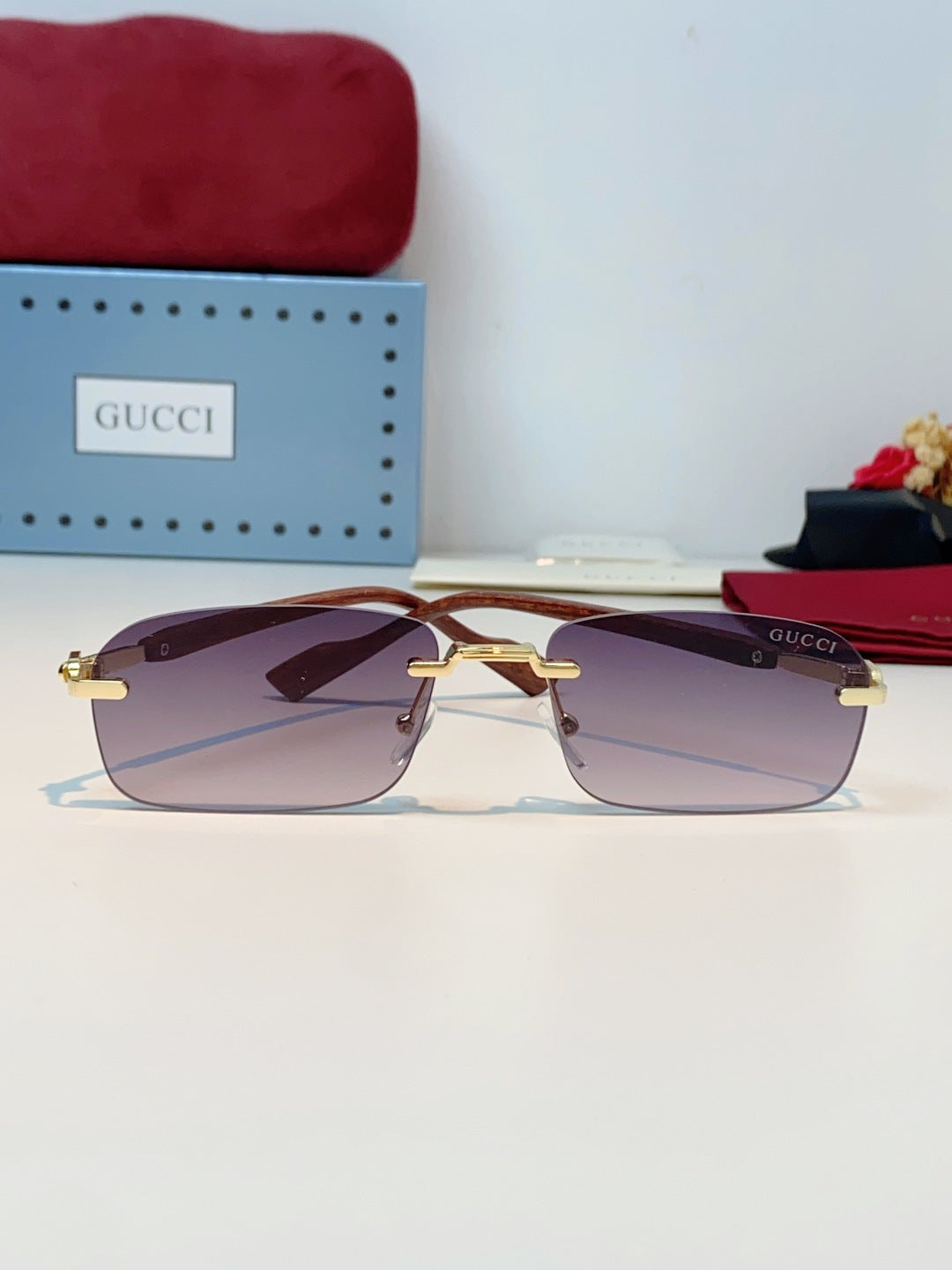 Gucci Lightweight Metal Rimless Red Lens Sunglasses for Men & Women - detail image 2